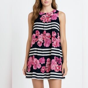 Vince Camuto Pink Navy Floral Stripe Pleated Mini Dress S